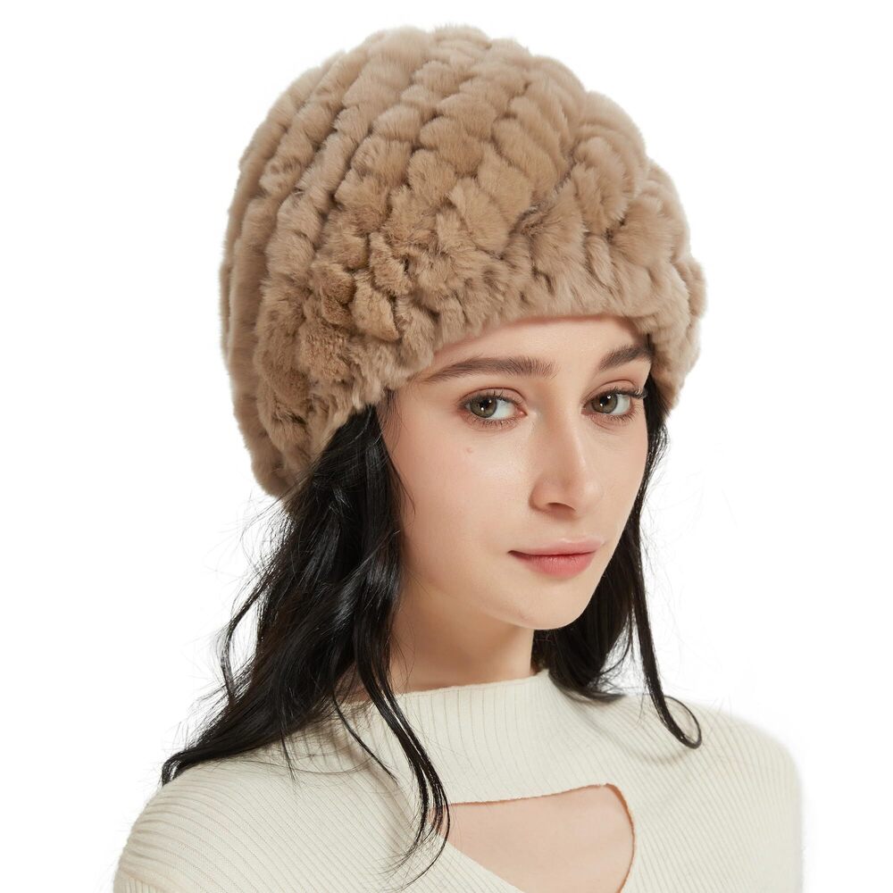 1585 Rabbit Fur Hat Furry Knit Beanie Hat Warm Winter Hat Ski Skull Cap